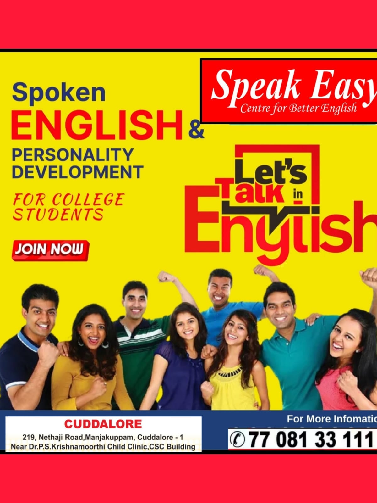 Spoken English and personality development poster for college students